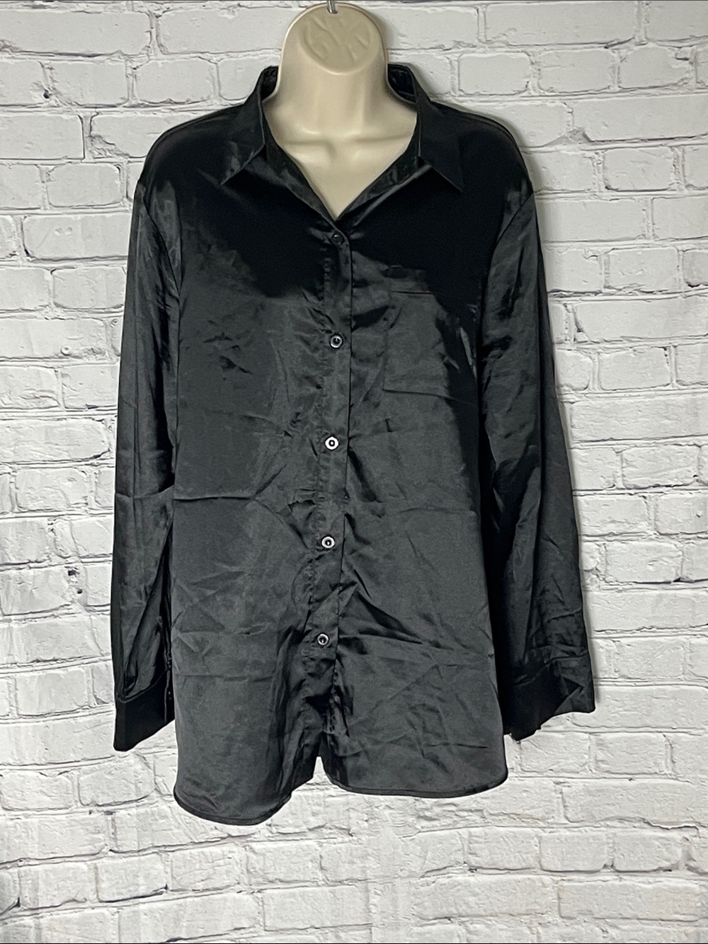 Classic Black Satin Button-Down Shirt - Women